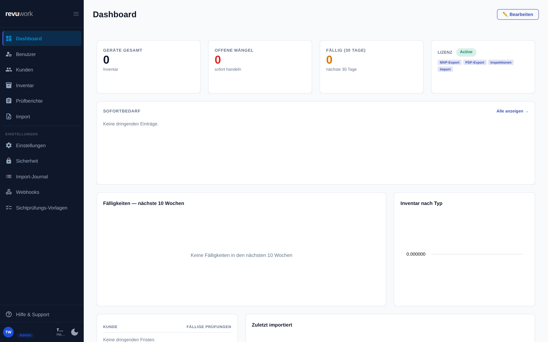 revuwork Dashboard mit Übersicht über Geräte, Mängel, Fälligkeiten und Lizenzstatus