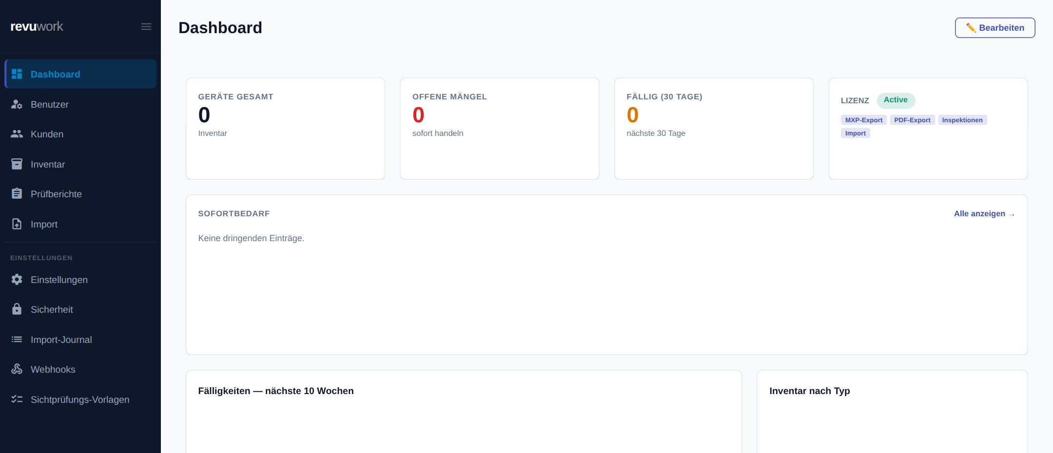 revuwork Dashboard mit Übersicht über Geräte, Mängel und Fälligkeiten