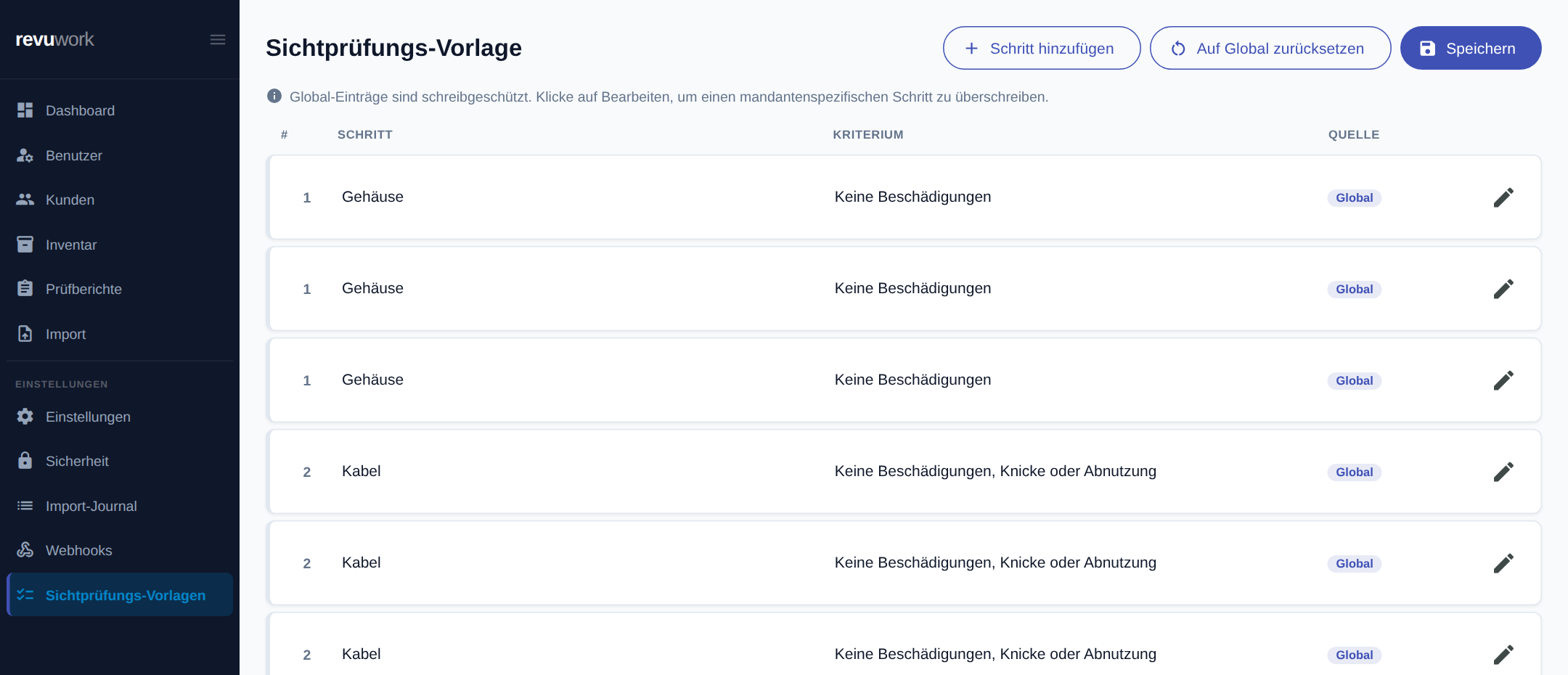 Sichtprüfungs-Vorlagen für Prüfschritte in revuwork